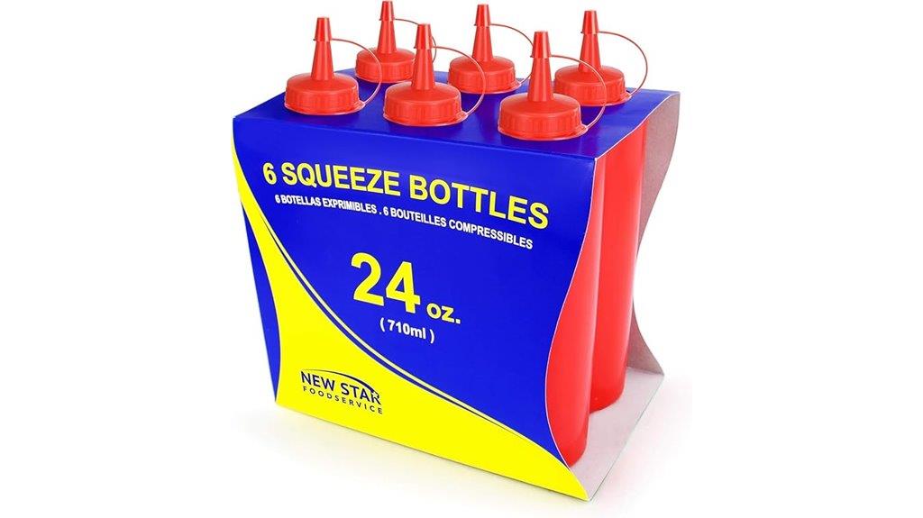 six red plastic squeeze bottles