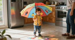 this children’s umbrella casts playful characters onto the ground, making sun protection fun